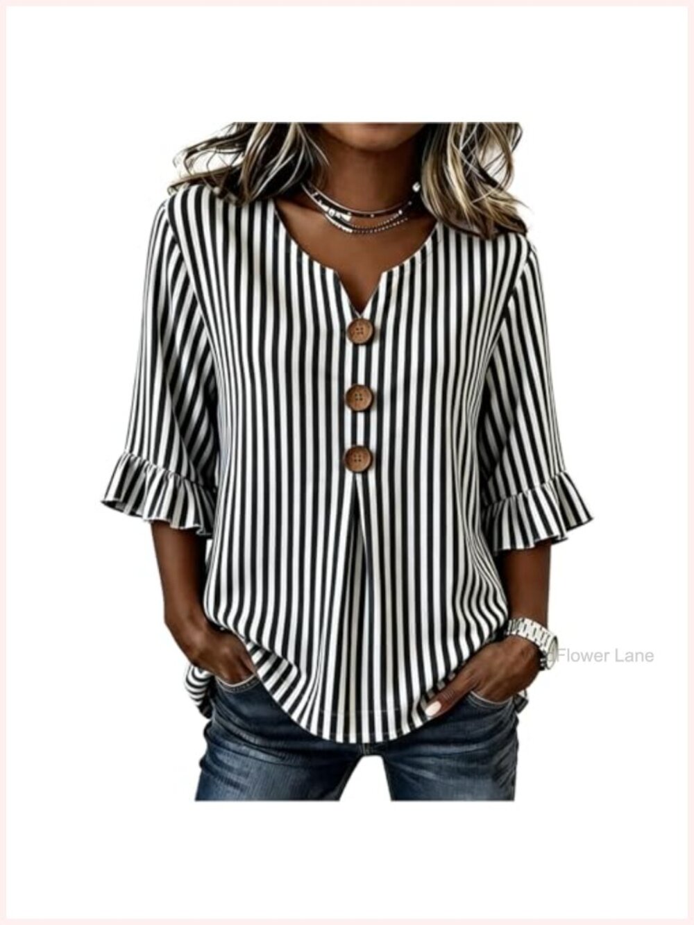 Womens Dressy Casual Blouse 3/4 Sleeve V-Neck Button Front Lightweight Striped